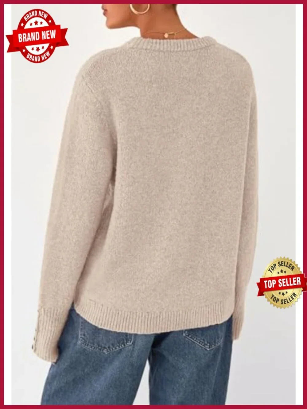 Women's Knit Pullover Sweater, Long Sleeve Crewneck with Button Cuffs, Relaxed